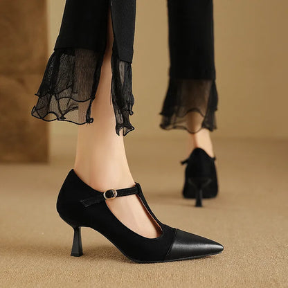 Women's Leather Heels Pointed Toe T-Strap Dressy Everyday Cream