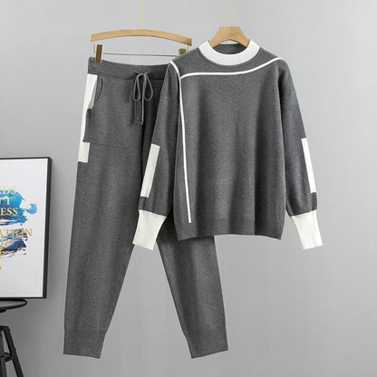 Women's Knit Two Piece Set Mock Neck Jumper Tapered Joggers Contrast