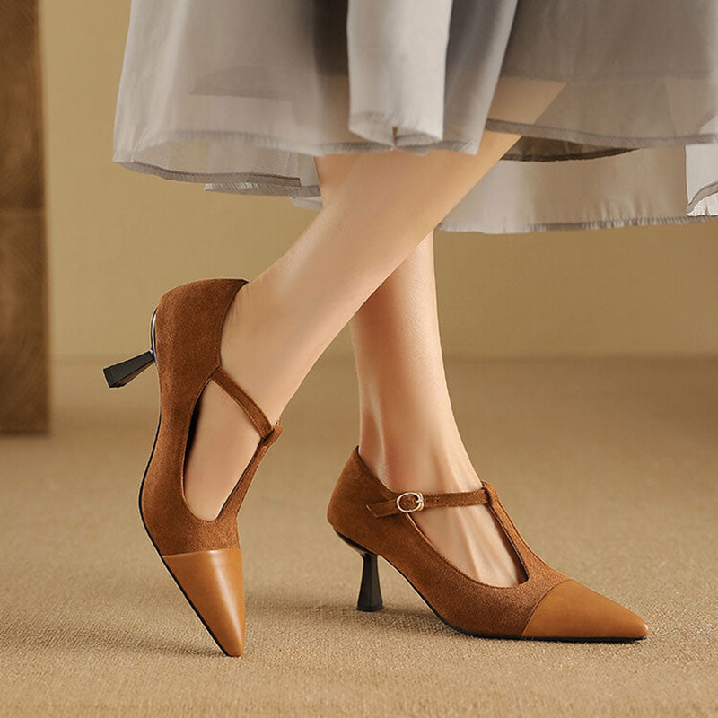 Women's Leather Heels Pointed Toe T-Strap Dressy Everyday Cream