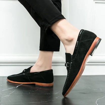 Men's Slip-On Loafers Perforated Buckle Strap Almond Toe Smart Casual Dress Shoes