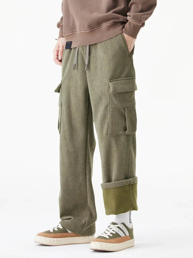 Men's Wide Leg Cargo Pants Drawstring Waist Relaxed Casual