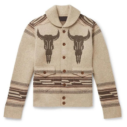 Men's Shawl Collar Cardigan Bull Skull Jacquard Button Front Knit Jacket