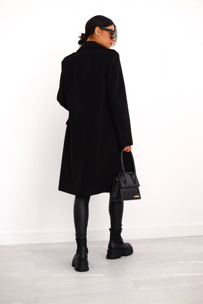Women's Double Breasted Coat Gold Button Mid-Length A-Line Wide Lapel