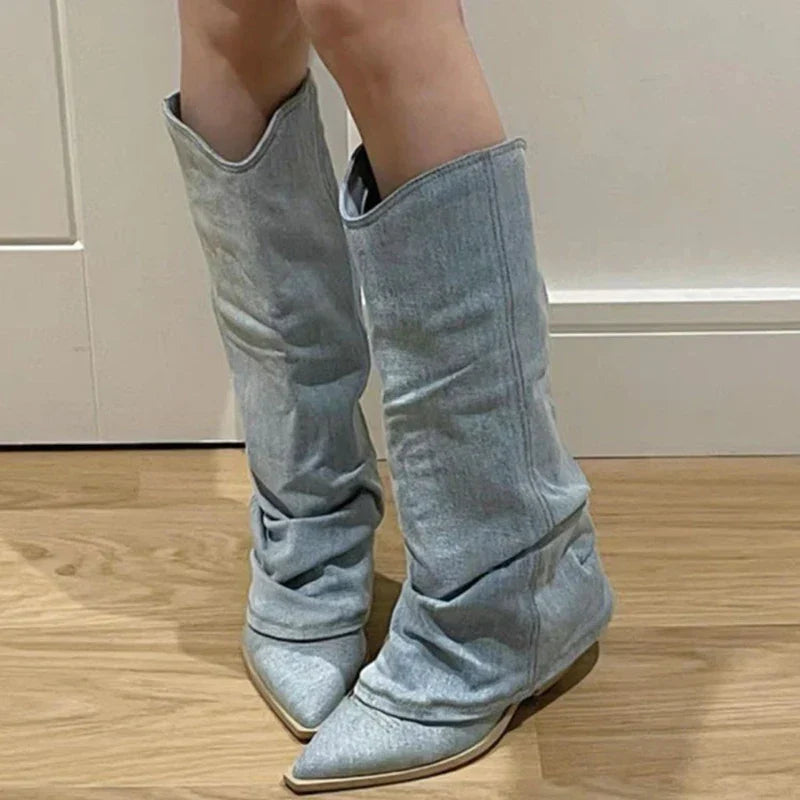 Denim Knee High Boots Waterproof Winter Warm Insulated Ladies