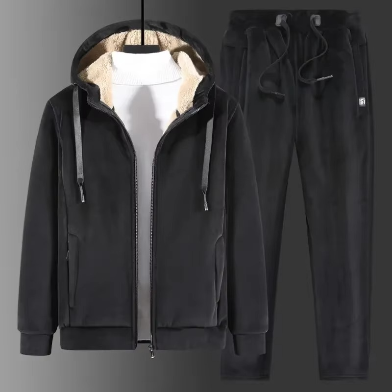 Men's Tracksuit Two Piece Set Fleece Hooded Jacket Tapered Joggers Winter