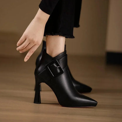 Women's Elegant Ankle Boots Pearl Detail Luxury Black Leather Dressy