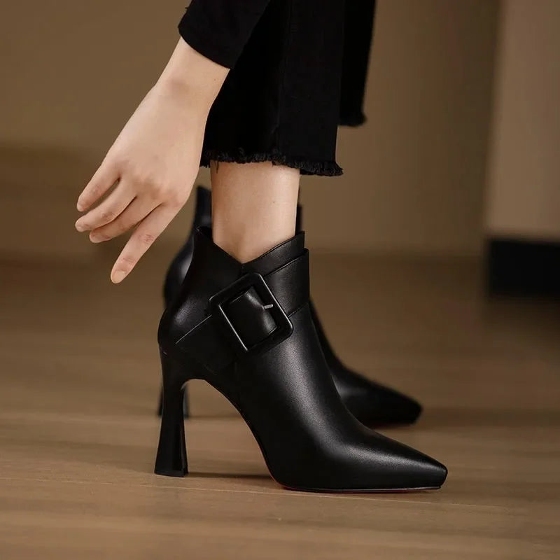 Women's Elegant Ankle Boots Pearl Detail Luxury Black Leather Dressy