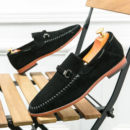 Men's Slip-On Loafers Perforated Buckle Strap Almond Toe Smart Casual Dress Shoes