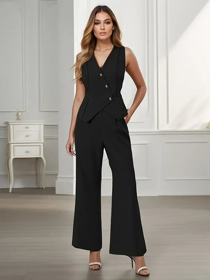 Women's Tailored Two-Piece Set Sleeveless Vest Wide Leg Pants Smart Casual