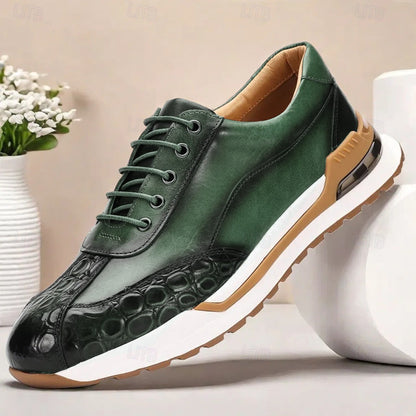 Men's Lace-Up Sneakers Burnished Embossed Panel White Sole Smart Casual