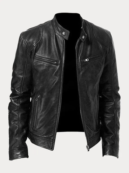 Men's Biker Jacket Zip Front Moto Style Stand Collar Slim Fit