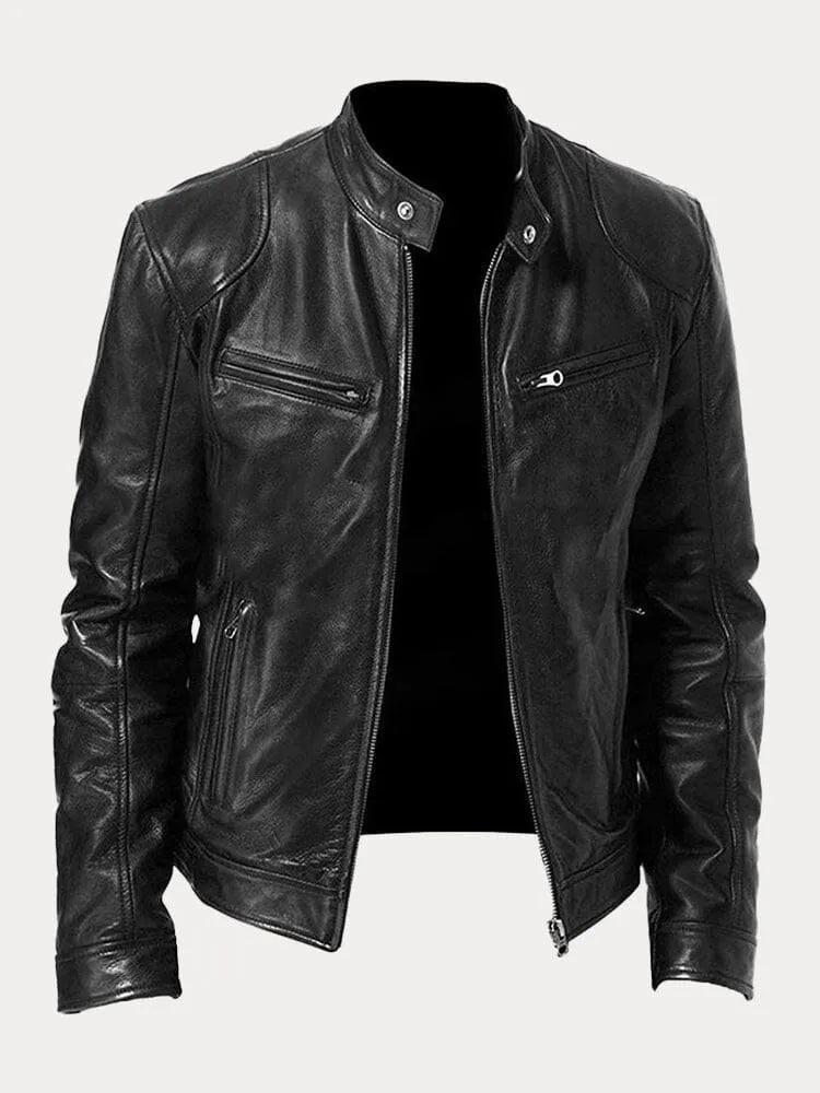 Men's Biker Jacket Zip Front Moto Style Stand Collar Slim Fit