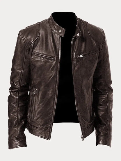 Men's Biker Jacket Zip Front Moto Style Stand Collar Slim Fit