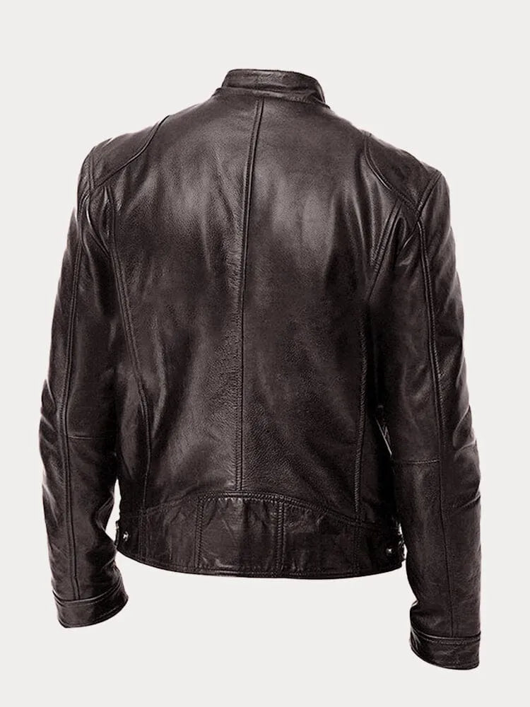 Men's Biker Jacket Zip Front Moto Style Stand Collar Slim Fit