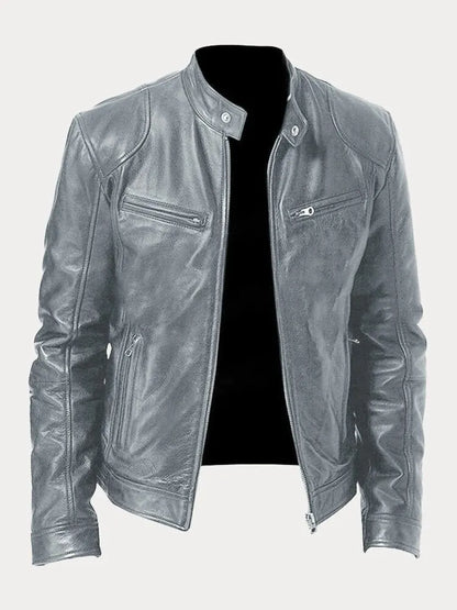 Men's Biker Jacket Zip Front Moto Style Stand Collar Slim Fit