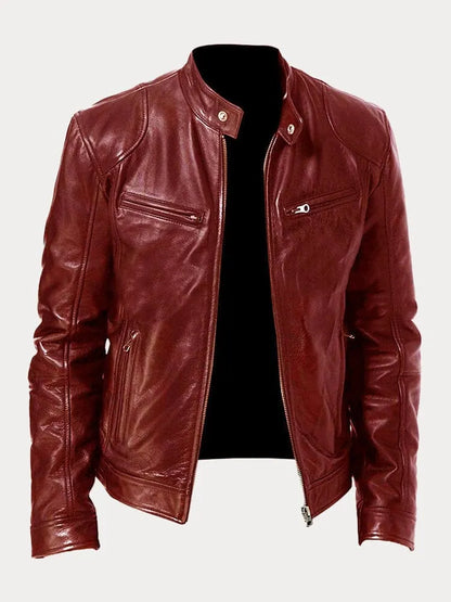 Men's Biker Jacket Zip Front Moto Style Stand Collar Slim Fit