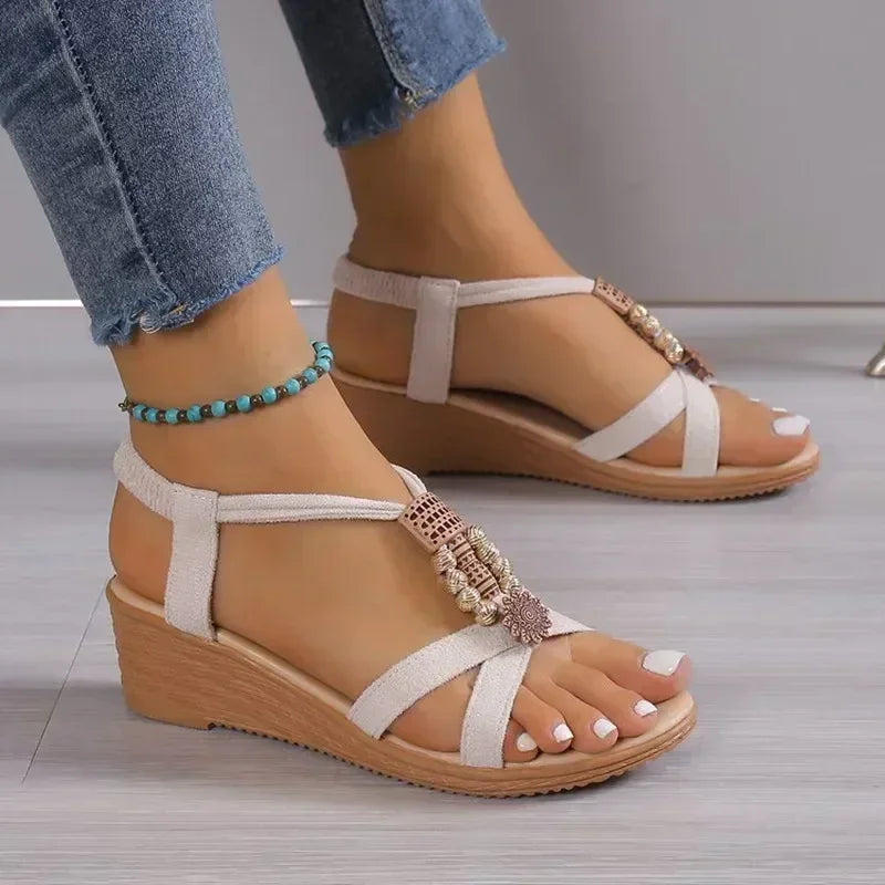 Women's Wedge Sandals Elegant Ankle Strap Buckle Suede Black