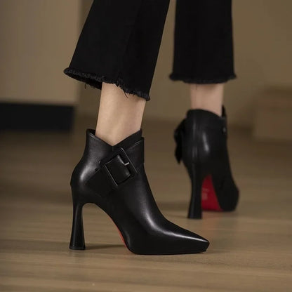 Women's Elegant Ankle Boots Pearl Detail Luxury Black Leather Dressy