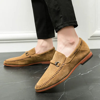Men's Slip-On Loafers Perforated Buckle Strap Almond Toe Smart Casual Dress Shoes
