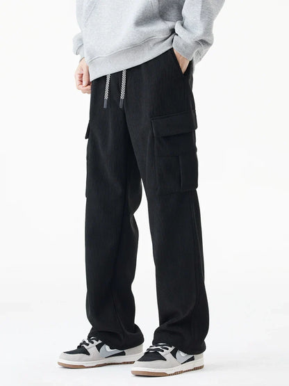 Men's Wide Leg Cargo Pants Drawstring Waist Relaxed Casual