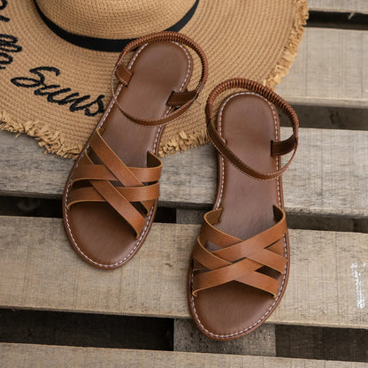 Leather Sandals Women Elegant Ankle Strap Gold Detail Dressy