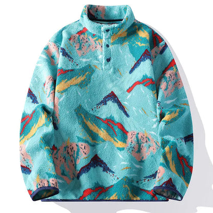 Men's Sherpa Fleece Pullover Stand Collar Snap Button Long Sleeve Casual
