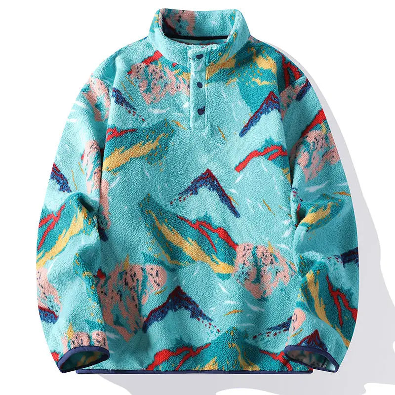 Men's Sherpa Fleece Pullover Stand Collar Snap Button Long Sleeve Casual