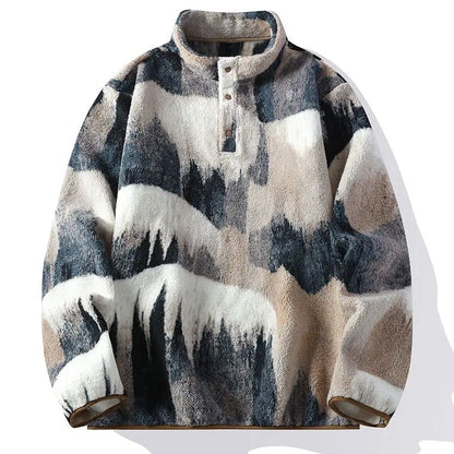 Men's Sherpa Fleece Pullover Stand Collar Snap Button Long Sleeve Casual