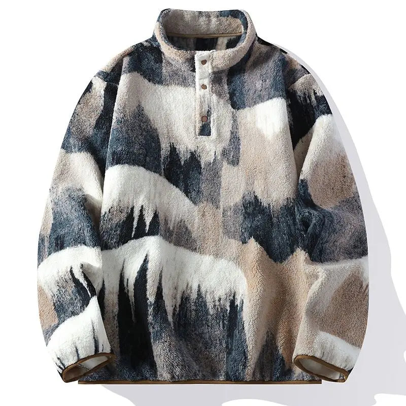 Men's Sherpa Fleece Pullover Stand Collar Snap Button Long Sleeve Casual