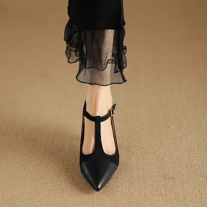 Women's Leather Heels Pointed Toe T-Strap Dressy Everyday Cream