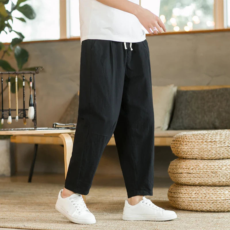 Linen Casual Pants Relaxed Fit Breathable Ankle Taper Men's Trousers