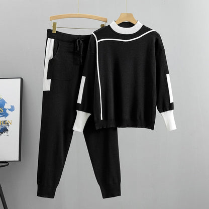 Women's Knit Two Piece Set Mock Neck Jumper Tapered Joggers Contrast