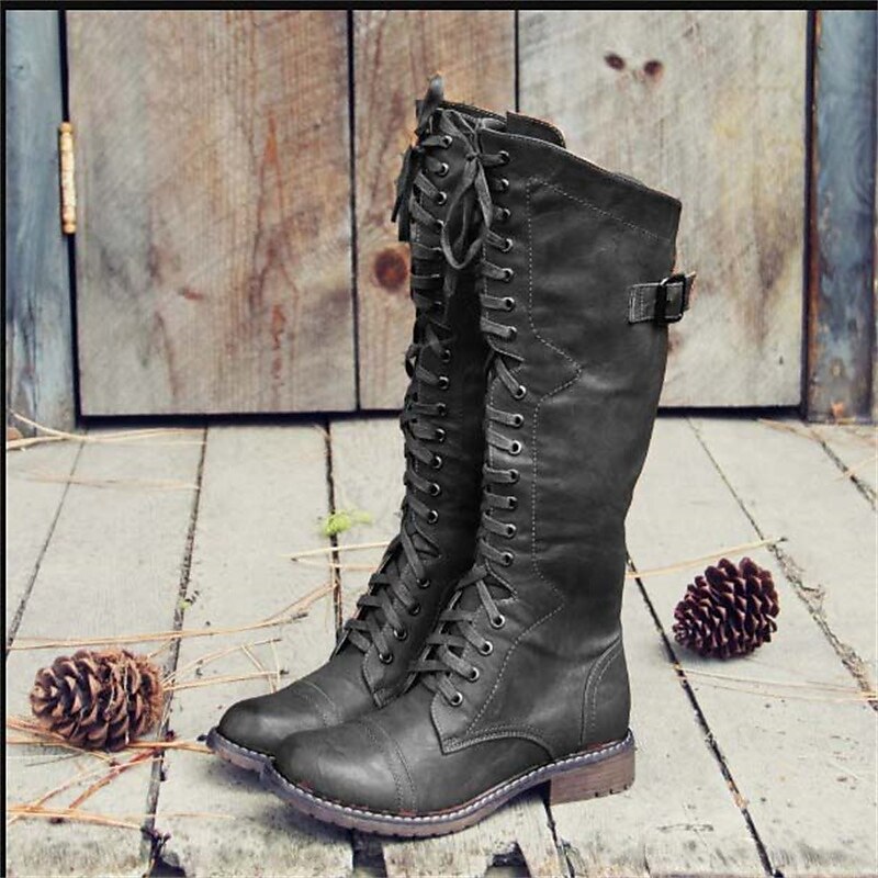 Women's Knee High Lace Up Boots Stretching Leg Line Smart Casual