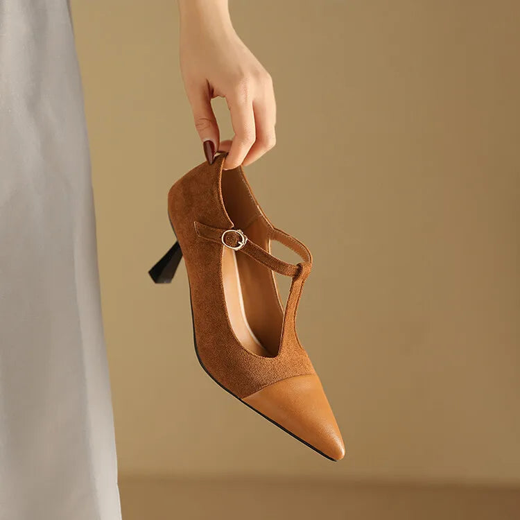 Women's Leather Heels Pointed Toe T-Strap Dressy Everyday Cream
