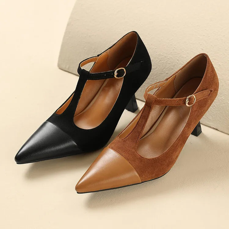Women's Leather Heels Pointed Toe T-Strap Dressy Everyday Cream