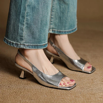 Women's Leather Slingback Heels Kendra Square Toe Comfortable Everyday