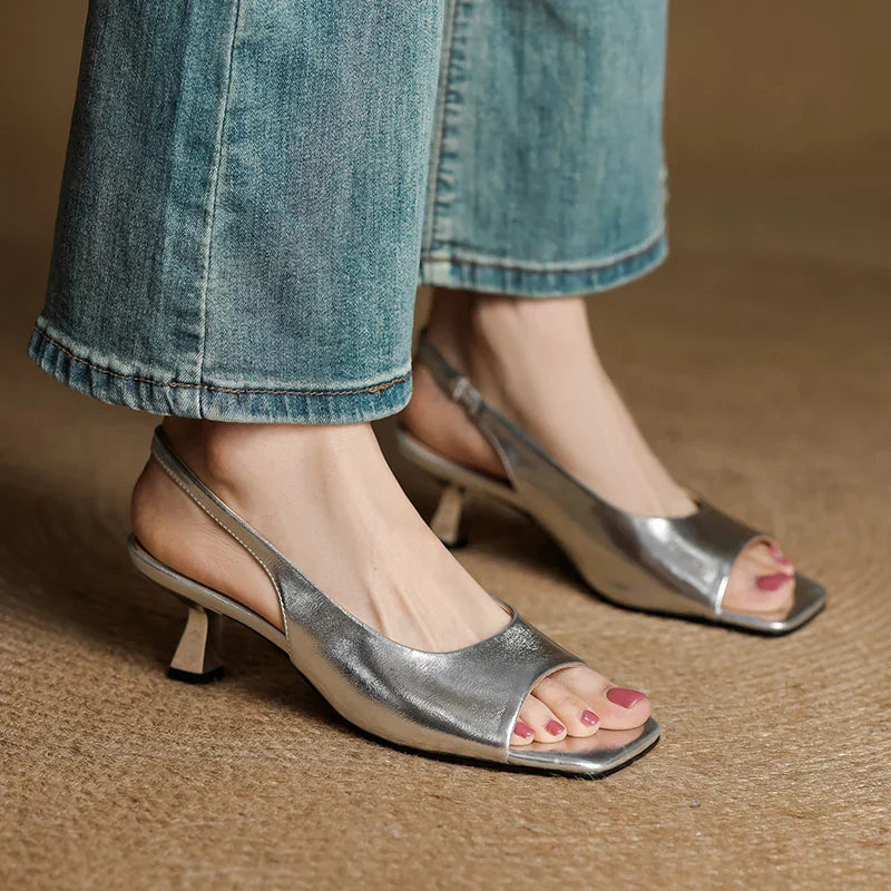 Women's Leather Slingback Heels Kendra Square Toe Comfortable Everyday