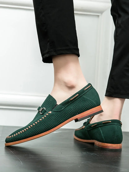 Men's Slip-On Loafers Perforated Buckle Strap Almond Toe Smart Casual Dress Shoes