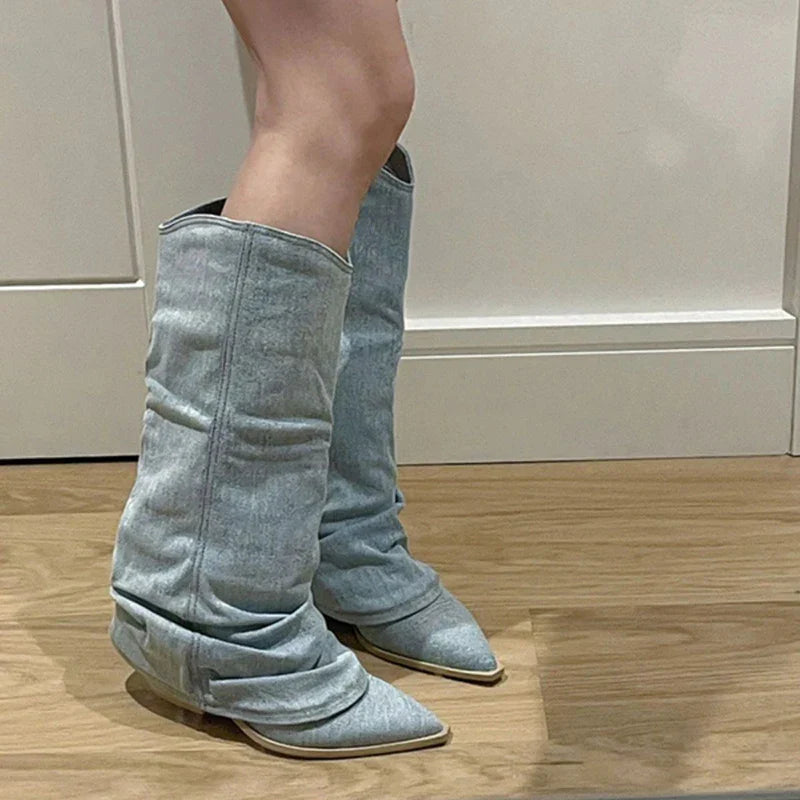 Denim Knee High Boots Waterproof Winter Warm Insulated Ladies