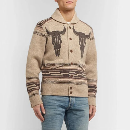 Men's Shawl Collar Cardigan Bull Skull Jacquard Button Front Knit Jacket