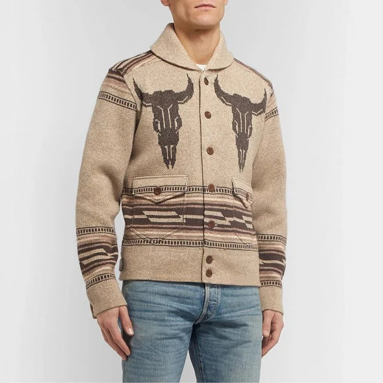 Men's Shawl Collar Cardigan Bull Skull Jacquard Button Front Knit Jacket