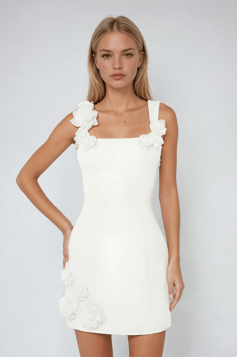 Women's floral appliqué cocktail mini dress in White