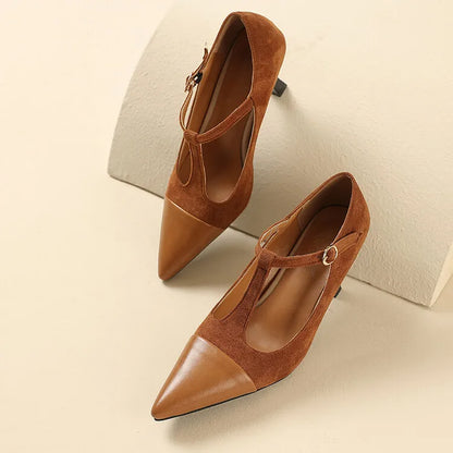Women's Leather Heels Pointed Toe T-Strap Dressy Everyday Cream