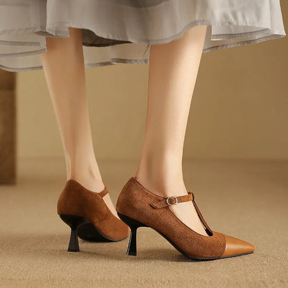 Women's Leather Heels Pointed Toe T-Strap Dressy Everyday Cream