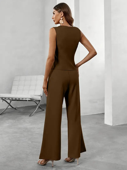 Women's Tailored Two-Piece Set Sleeveless Vest Wide Leg Pants Smart Casual