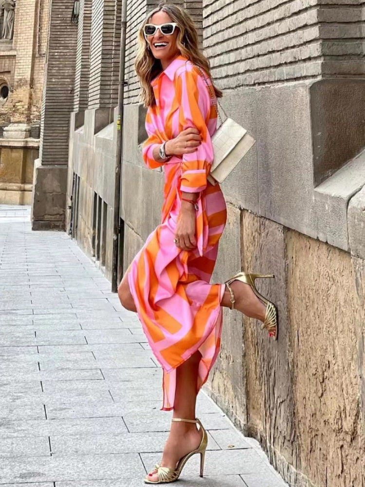 Women's Maxi Wrap Dress Geometric Print Long Sleeves Tie Waist