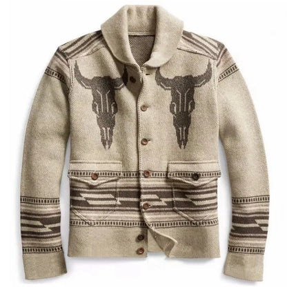 Men's Shawl Collar Cardigan Bull Skull Jacquard Button Front Knit Jacket