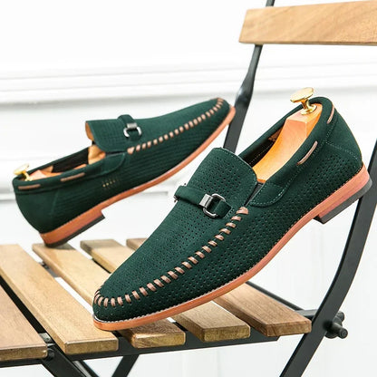 Men's Slip-On Loafers Perforated Buckle Strap Almond Toe Smart Casual Dress Shoes