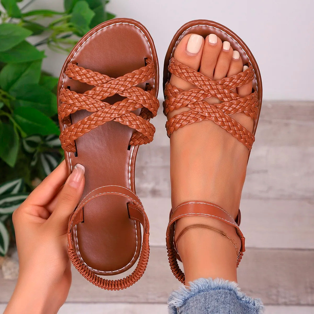 Leather Sandals Women Elegant Ankle Strap Gold Detail Dressy