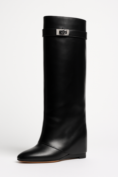 Knee High Wedge Boots Women Buckle Strap Simple Casual Work Everyday